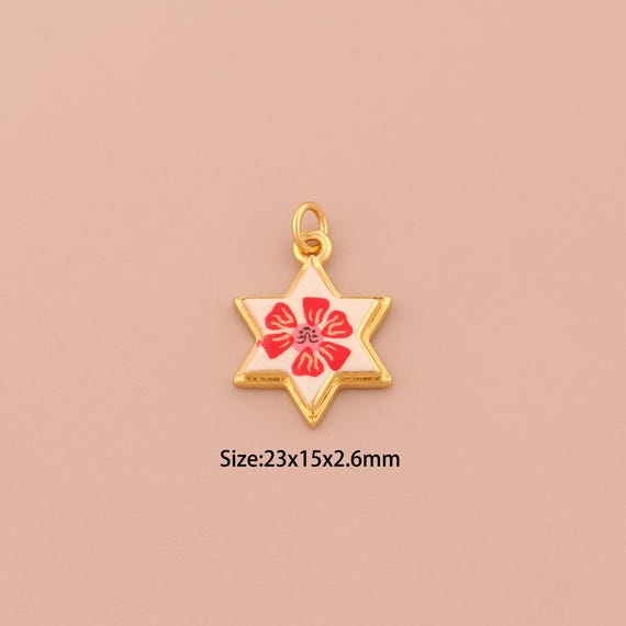 18K Gold David Star Charms,Enamel Jewish Star Charms Pendants,Flower Charm for DIY Jewelry Making Supply