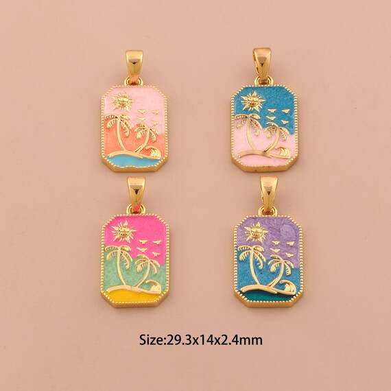 18K Gold Beach Charms,Enamel Coconut Tree Charms Pendants,Palm Tree Charm for DIY Jewelry Making Supply