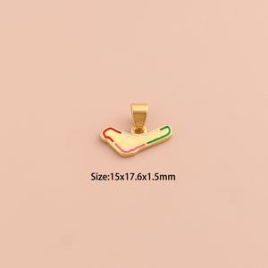 May include: Gold-colored pendant with a unique shape, featuring red, pink, and green accents. The pendant measures approximately 0.6 x 0.7 x 0.06 inches. The text on the image reads "Size:15x17.6x1.5mm".