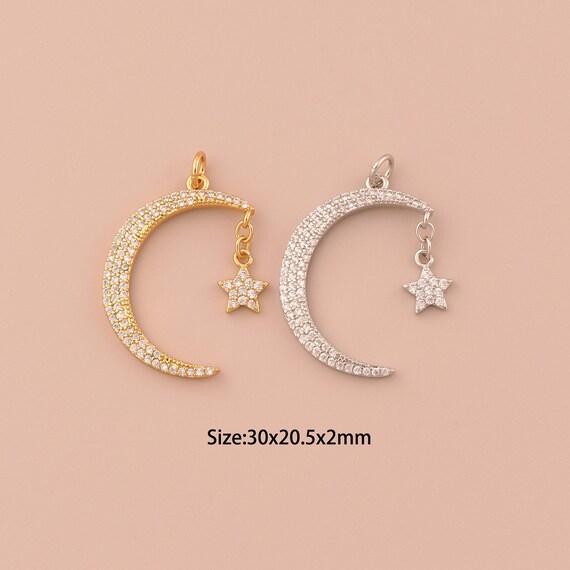 18K Gold Moon Charms,CZ Pave Minimalist Charms Pendants,Star Charm for DIY Jewelry Making Supply