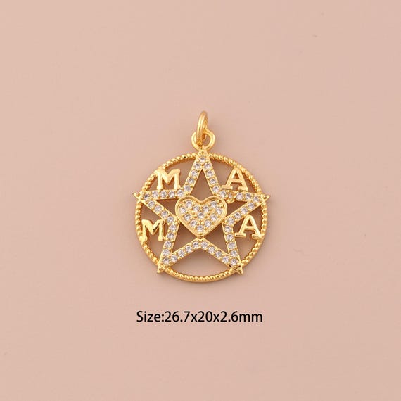 18K Gold Star Charms,CZ Pave MAMA Charms Pendants,Round Charm for DIY Jewelry Making Supply