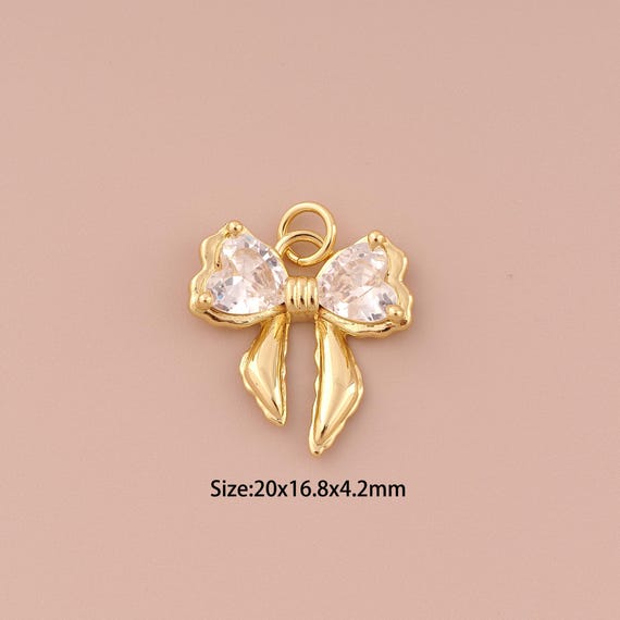 18K Gold Bow Charms,CZ Pave Minimalist Charms Pendants,Heart Charm for DIY Jewelry Making Supply