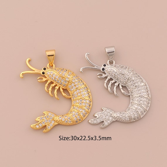 18K Gold Shrimp Charms,CZ Pave Marine Life Charms Pendants,Shrimp Charm for DIY Jewelry Making Supply