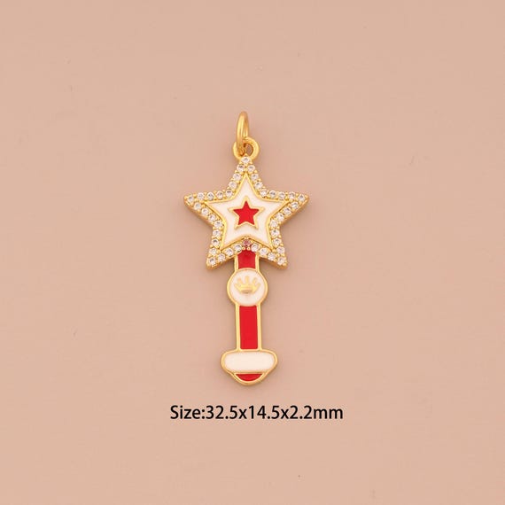 18K Gold Magic Wand Charms,CZ Pave Star Charms Pendants,Enamel Magic Wand Charm for DIY Jewelry Making Supply