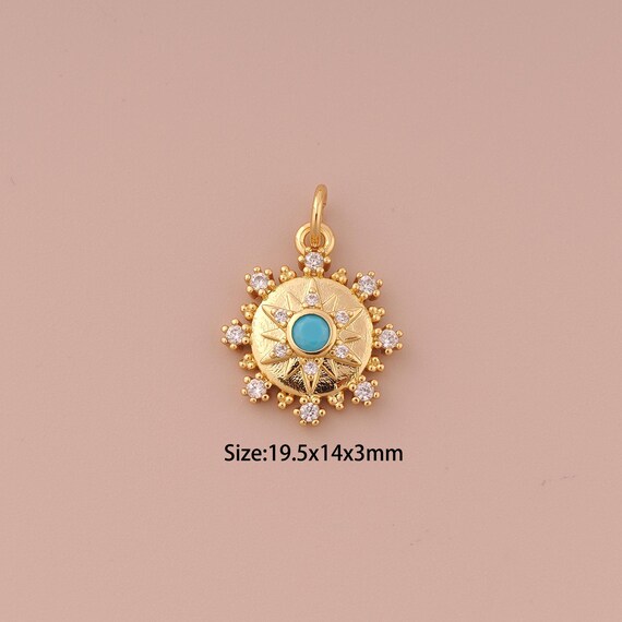 18K Gold Sun Charms,CZ Pave Minimalist Charms Pendants,Round Charm for DIY Jewelry Making Supply