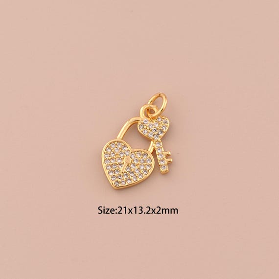18K Gold Lock Charms,CZ Pave Key Charms Pendants,Lock Charm for DIY Jewelry Making Supply