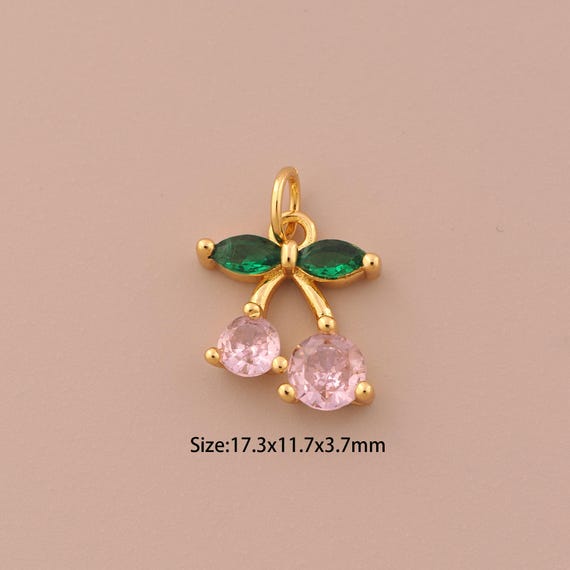 18K Gold Cherry Charms,CZ Pave Fruit Charms Pendants,Cherry Charm for DIY Jewelry Making Supply