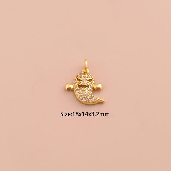 18K Gold Ghost Charms,CZ Pave Halloween Charms Pendants,Ghost Charm for DIY Jewelry Making Supply