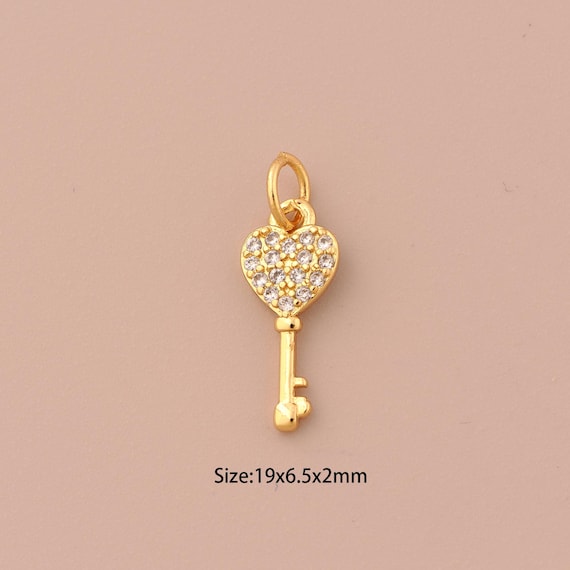 18K Gold Key Charms,CZ Pave Heart Charms Pendants,Key Charm for DIY Jewelry Making Supply