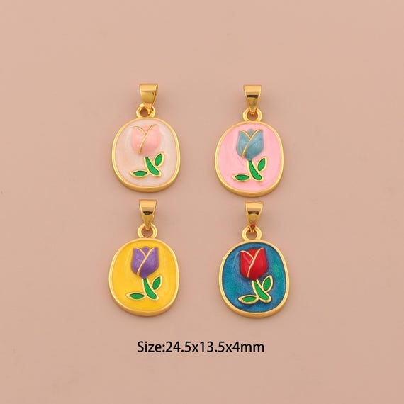 18K Gold Tulip Charms,Enamel Flower Charms Pendants,Tulip Charm for DIY Jewelry Making Supply