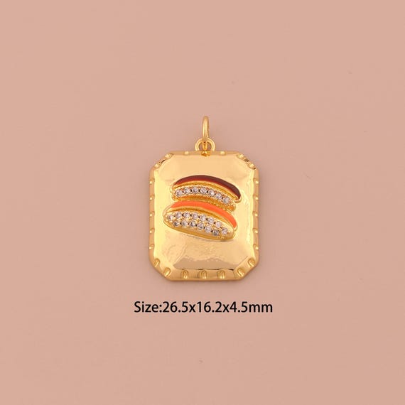 18K Gold Hamburger Charms,Enamel Square Charms Pendants,CZ Hamburger Charm for DIY Jewelry Making Supply