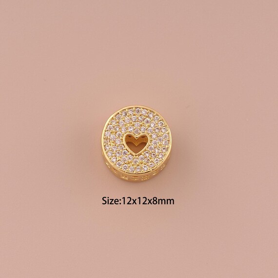18K Gold Heart Spacer Bead,CZ Pave Minimalist Bead,Large Hole Bead for DIY Jewelry Making Supply