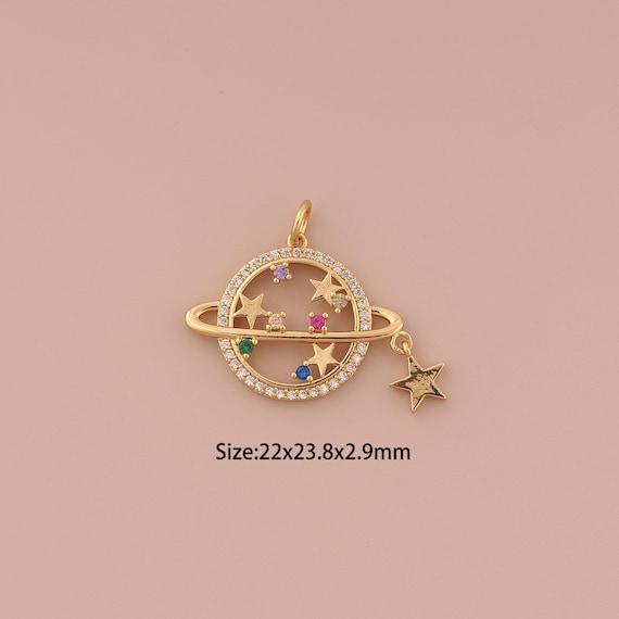 18K Gold Saturn Charms,CZ Pave Minimalist Charms Pendants,Star Charm for DIY Jewelry Making Supply