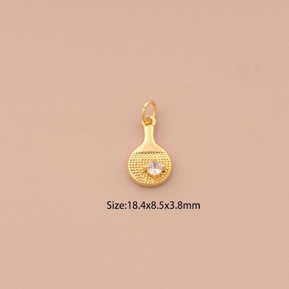 18K Gold Table Tennis Charms,CZ Pave Sports Charms Pendants,Racket Charm for DIY Jewelry Making Supply