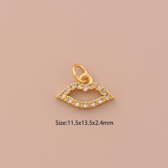 18K Gold Lips Charms,CZ Pave Minimalist Charms Pendants,Lips Charm for DIY Jewelry Making Supply