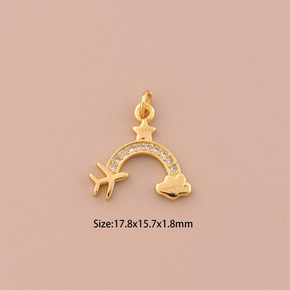18K Gold Rainbow Charms,CZ Pave Star Charms Pendants,Airplane Charm for DIY Jewelry Making Supply