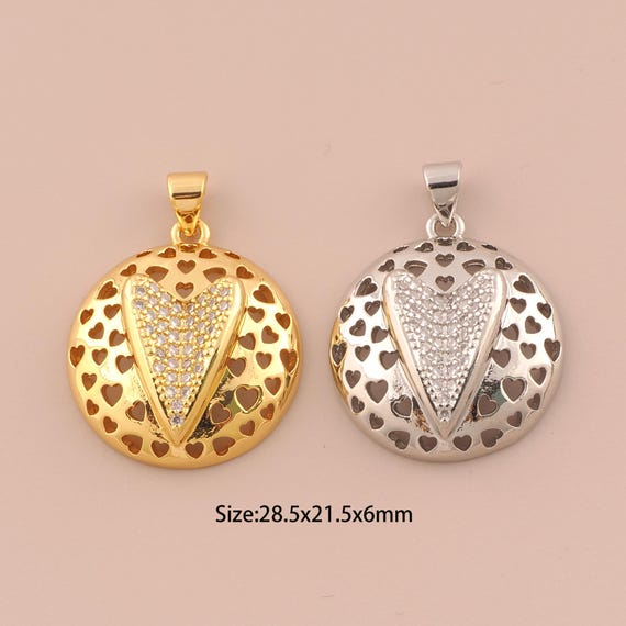 18K Gold Heart Charms,CZ Pave Round Charms Pendants,Round Charm for DIY Jewelry Making Supply