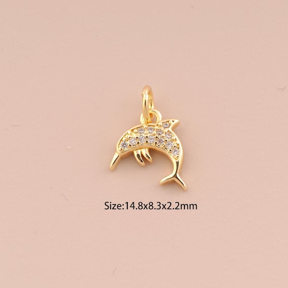 18K Gold Dolphin Charms,CZ Pave Minimalist Charms Pendants,Fish Charm for DIY Jewelry Making Supply