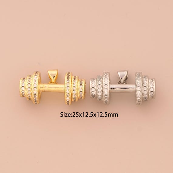 18K Gold Barbell Charms,CZ Pave Sports Charms Pendants,Fitness Charm for DIY Jewelry Making Supply