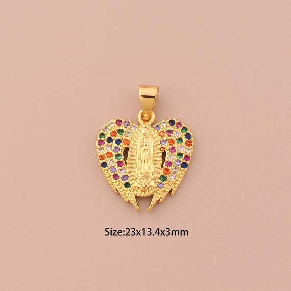 18K Gold Virgin Mary Charms,CZ Pave Wing Charms Pendants,Catholic Charm for DIY Jewelry Making Supply