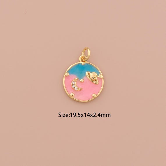 18K Gold Saturn Charms,CZ Pave Minimalist Charms Pendants,Enamel Moon Charm for DIY Jewelry Making Supply