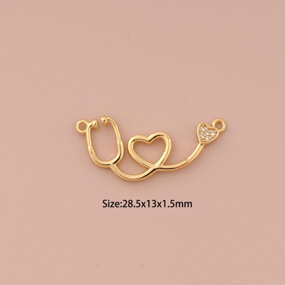18K Gold Stethoscope Charms,CZ Pave Minimalist Charms Pendants,Heart Charm for DIY Jewelry Making Supply