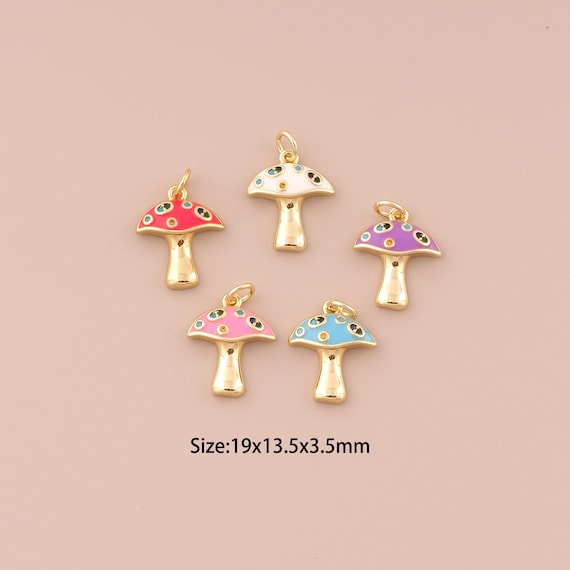 18K Gold Mushroom Charms,CZ Pave Minimalist Charms Pendants,Enamel Mushroom Charm for DIY Jewelry Making Supply