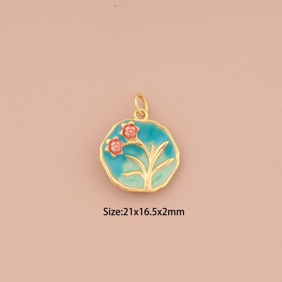 18K Gold Flower Charms,Enamel Round Charms Pendants,Flower Charm for DIY Jewelry Making Supply