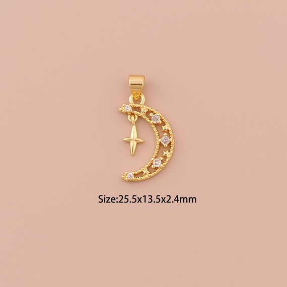 18K Gold Moon Charms,CZ Pave Minimalist Charms Pendants,Star Charm for DIY Jewelry Making Supply