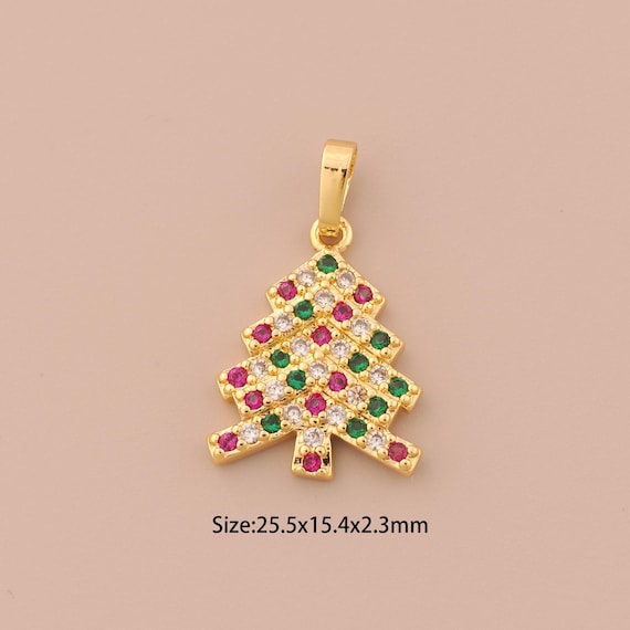 18K Gold Christmas Tree Charms,CZ Pave Tree Charms Pendants,Tree Charm for DIY Jewelry Making Supply