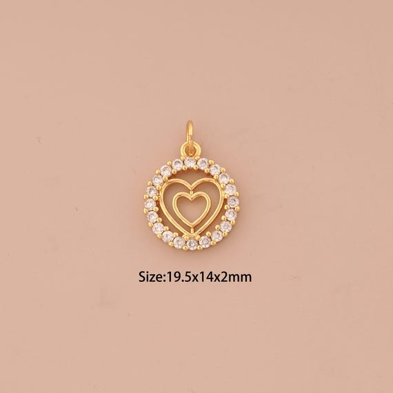 18K Gold Hollow Heart Charms,CZ Pave Love Charms Pendants,Round Charm for DIY Jewelry Making Supply