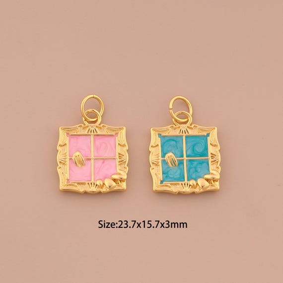 18K Gold Enamel Window Charms,Square Charms Pendants,Window Charm for DIY Jewelry Making Supply