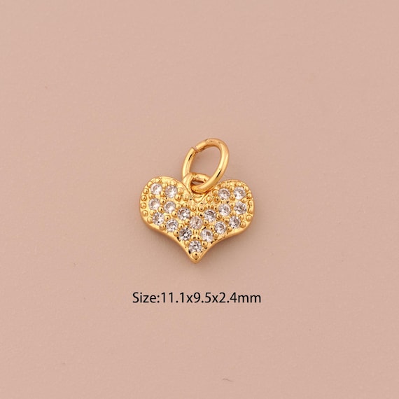 18K Gold Mini Heart Charms,CZ Pave Minimalist Charms Pendants,Heart Charm for DIY Jewelry Making Supply