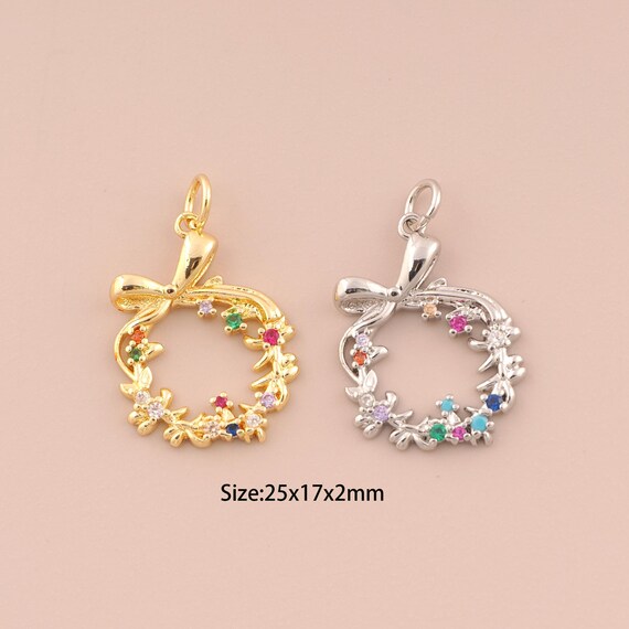 18K Gold Wreath Charms,CZ Pave Bow Charms Pendants,Flower Charm for DIY Jewelry Making Supply