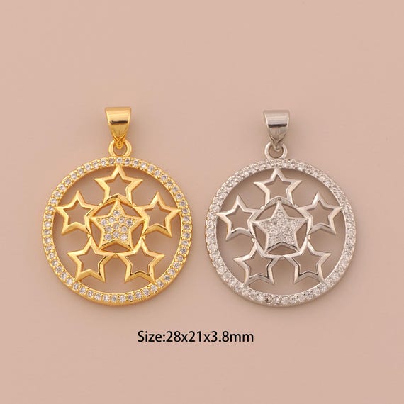 18K Gold Star Charms,CZ Pave Celestial Charms Pendants,Round Charm for DIY Jewelry Making Supply