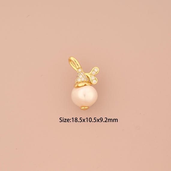 18K Gold Open Bail Ringed White Freshwater Pearl Charms,CZ Pave Pearl Charms Pendants,Pearl Charm for DIY Jewelry Making Supply