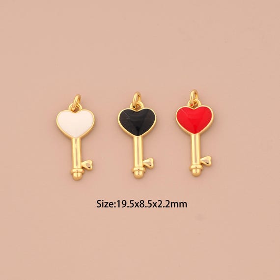 18K Gold Heart Pendant,Enamel Key Charm,Heart Charm, DIY Jewelry Supplies