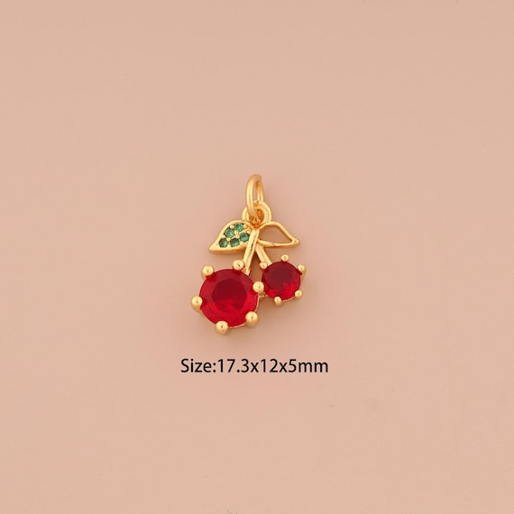 18K Gold Cherry Charms,CZ Pave Fruit Charms Pendants,Cherry Charm for DIY Jewelry Making Supply