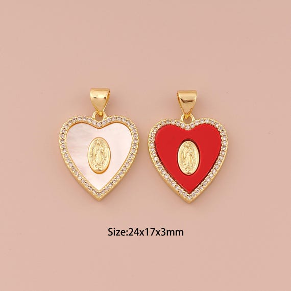 18K Gold Virgin Mary Charms,CZ Pave Heart Charms Pendants,Catholic Charm for DIY Jewelry Making Supply