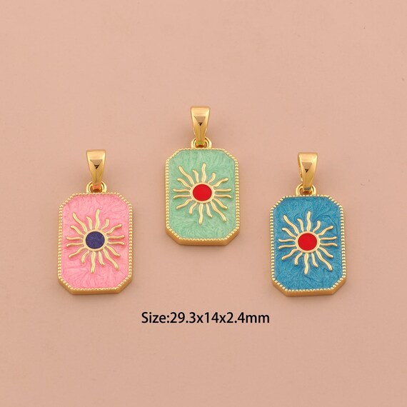 18K Gold Sun Charms,Enamel Sunburst Charms Pendants,Square Charm for DIY Jewelry Making Supply