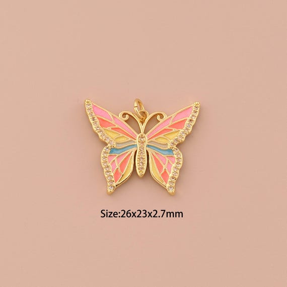 18K Gold Butterfly Charms,CZ Pave Minimalist Charms Pendants,Enamel Butterfly Charm for DIY Jewelry Making Supply