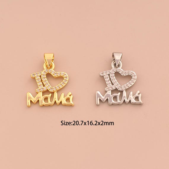 18K Gold I Love MAMA Charms,CZ Pave Heart Charms Pendants,Letter Charm for DIY Jewelry Making Supply