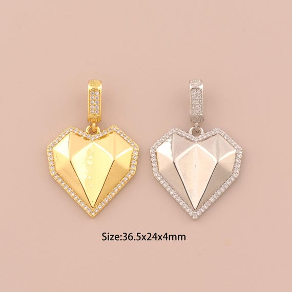 18K Gold Heart Charms,CZ Pave Minimalist Charms Pendants,Diamond Charm for DIY Jewelry Making Supply