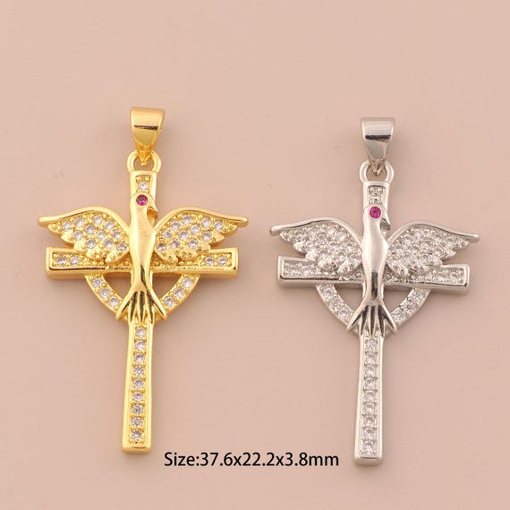 18K Gold Cross Charms,CZ Pave Bird Charms Pendants,Religion Charm for DIY Jewelry Making Supply