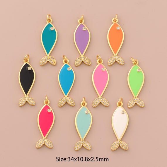 18K Gold Fish Charms,Enamel Fish Charms Pendants,Fish Charm for DIY Jewelry Making Supply
