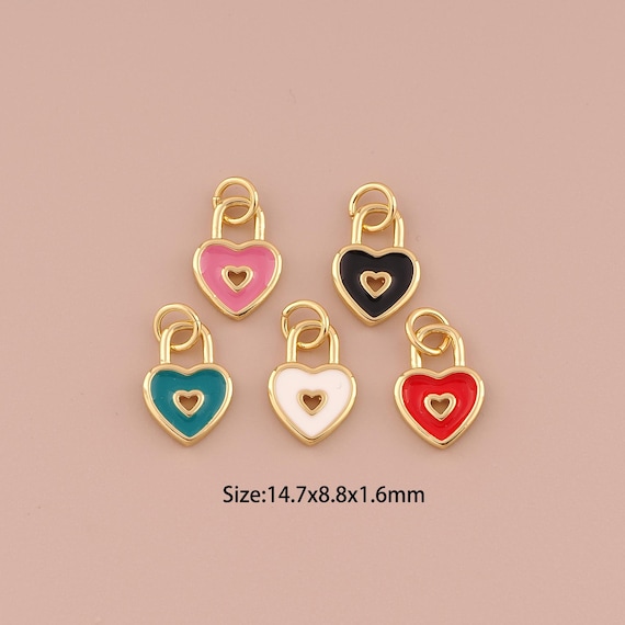18K Gold Heart Charms,Enamel Minimalist Charms Pendants,Lock Charm for DIY Jewelry Making Supply