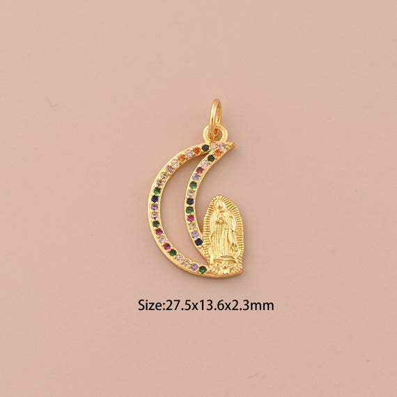 18K Gold Virgin Mary Charms,CZ Pave Moon Charms Pendants,Catholic Charm for DIY Jewelry Making Supply