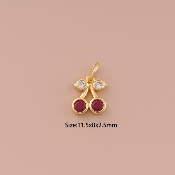 18K Gold Cherry Charms,CZ Pave Minimalist Charms Pendants,Fruit Charm for DIY Jewelry Making Supply