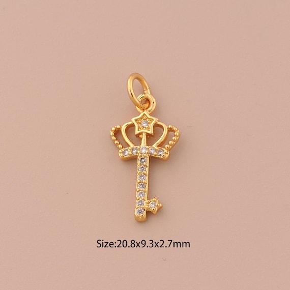 18K Gold Key Charms,CZ Pave Crown Charms Pendants,Key Charm for DIY Jewelry Making Supply
