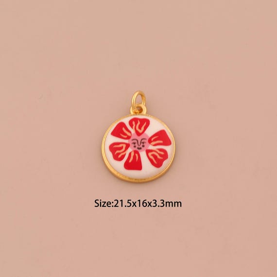 18K Gold Flower Charms,Enamel Round Charms Pendants,Flower Charm for DIY Jewelry Making Supply
